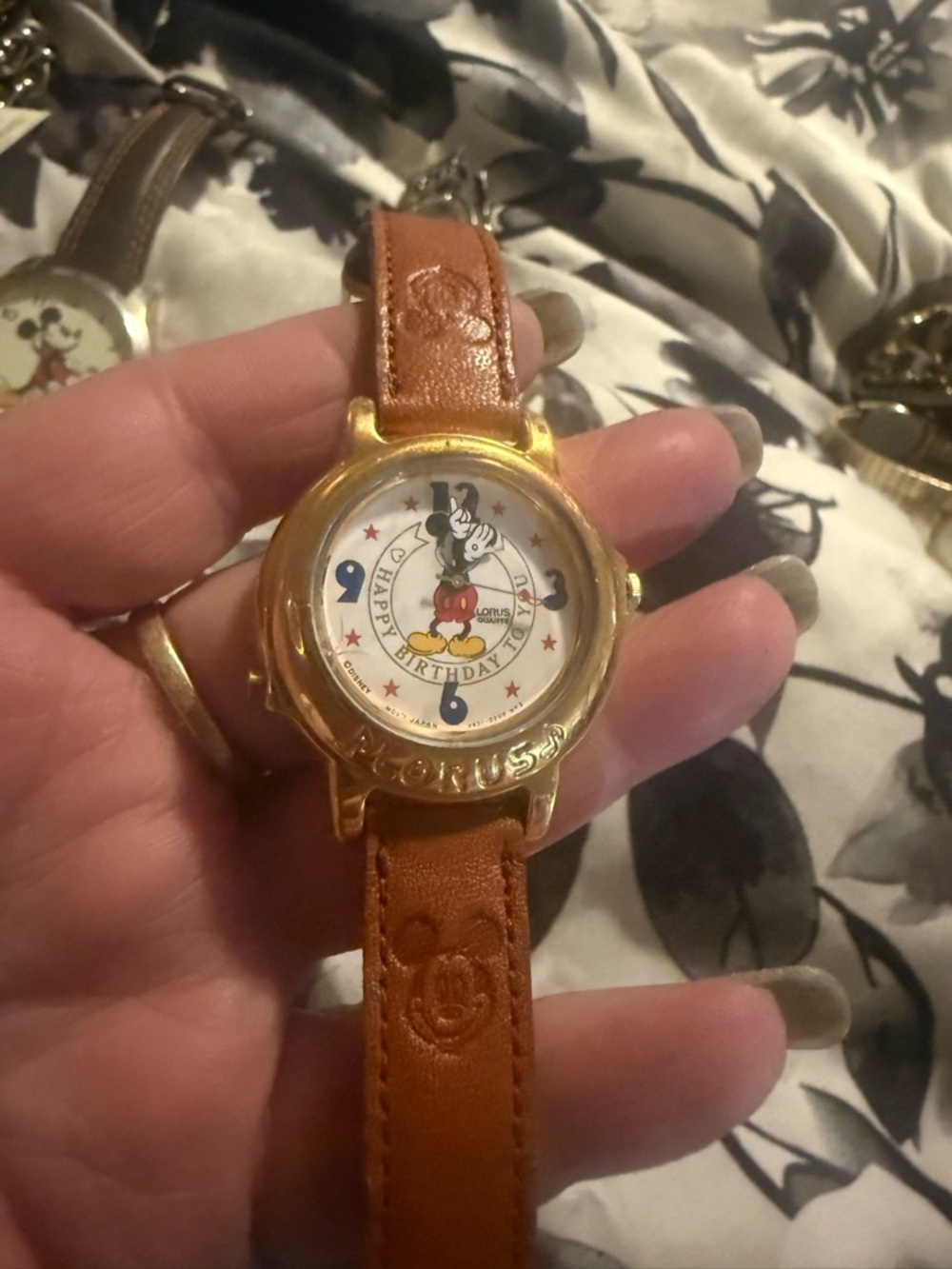 Disney Gold-Tone Musical Mickey Mouse Watch with Brown Strap